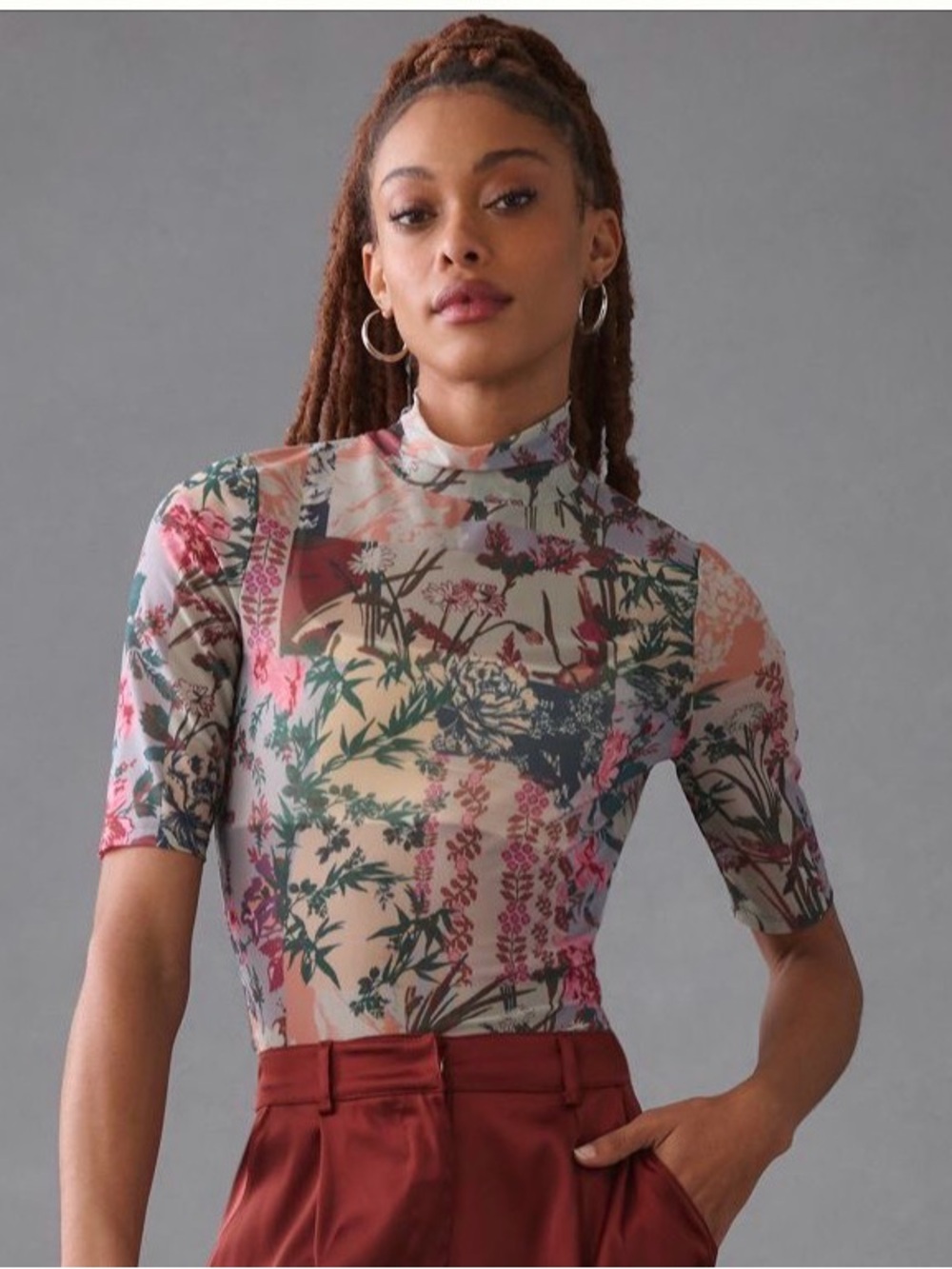 Anthropologie Printed Mesh Mock Neck Size S